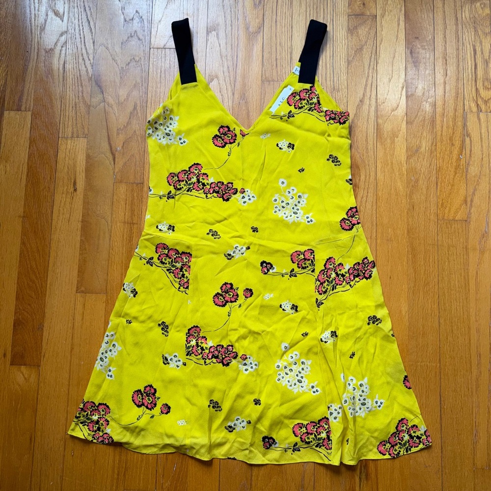 A.L.C. Yellow Black Floral Silk V-Neck Serena Mini Dress 4 Luxury Fairy Flowy
